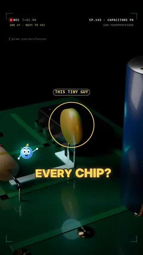 Cover of the lesson: Capacitor Series Part 6: Decoupling caps — the tiny capacitor beside every chip
