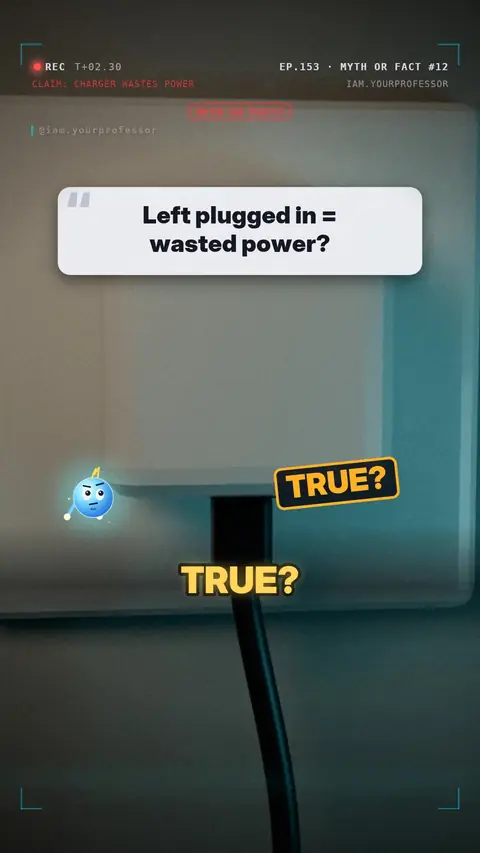 Cover of the lesson: Myth or Fact #12: "A charger left in the socket wastes lots of power" — MOSTLY MYTH