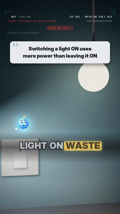 Cover of the lesson: Myth or Fact #13: "Switching a light on uses more power than leaving it on" — MYTH
