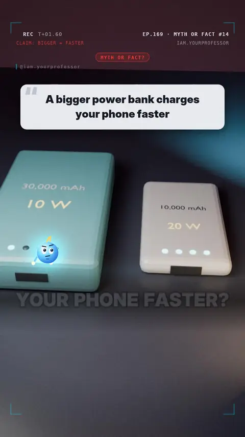 Cover of the lesson: Myth or Fact #14: "A bigger power bank charges your phone faster" → MYTH