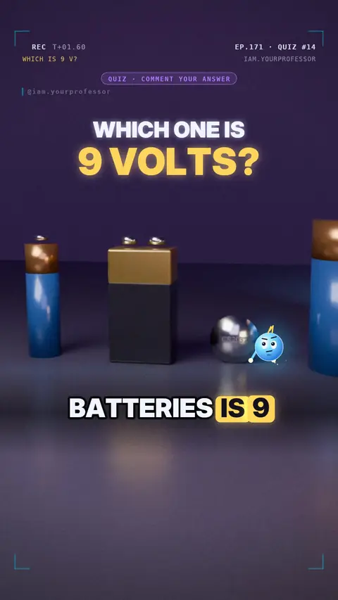 Cover of the lesson: Quiz #14: Which battery is 9 volts? → B, the box with snaps (PP3)