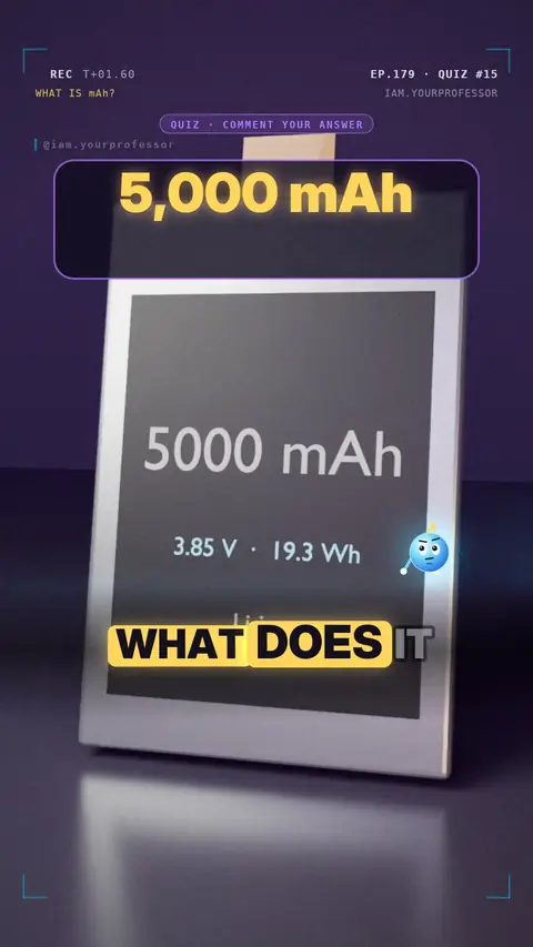 Cover of the lesson: Quiz #15: What does mAh on a battery mean? → B, how much charge it holds